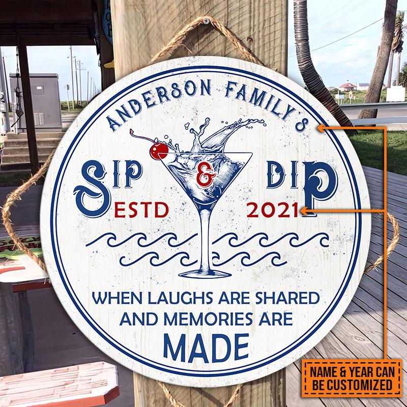 Personalized Swimming Pool Sip And Dip Customized Wood Circle Sign