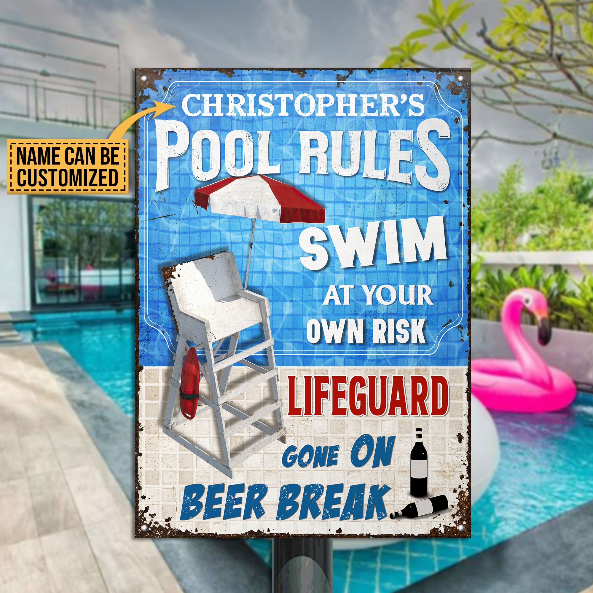 Personalized Swimming Pool Swim At Own Risk Customized Classic Metal Signs