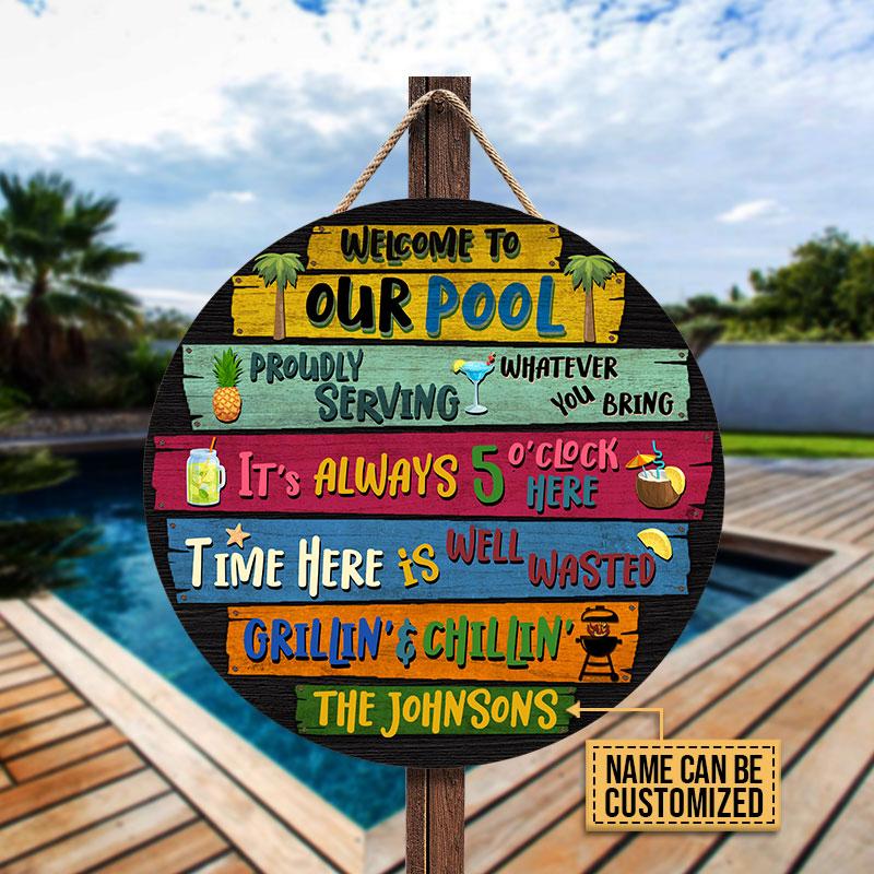Personalized Swimming Pool Welcome To Custom Wood Circle Sign