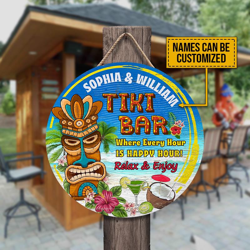 Personalized Tiki Bar Happy Hour Customized Wood Circle Sign