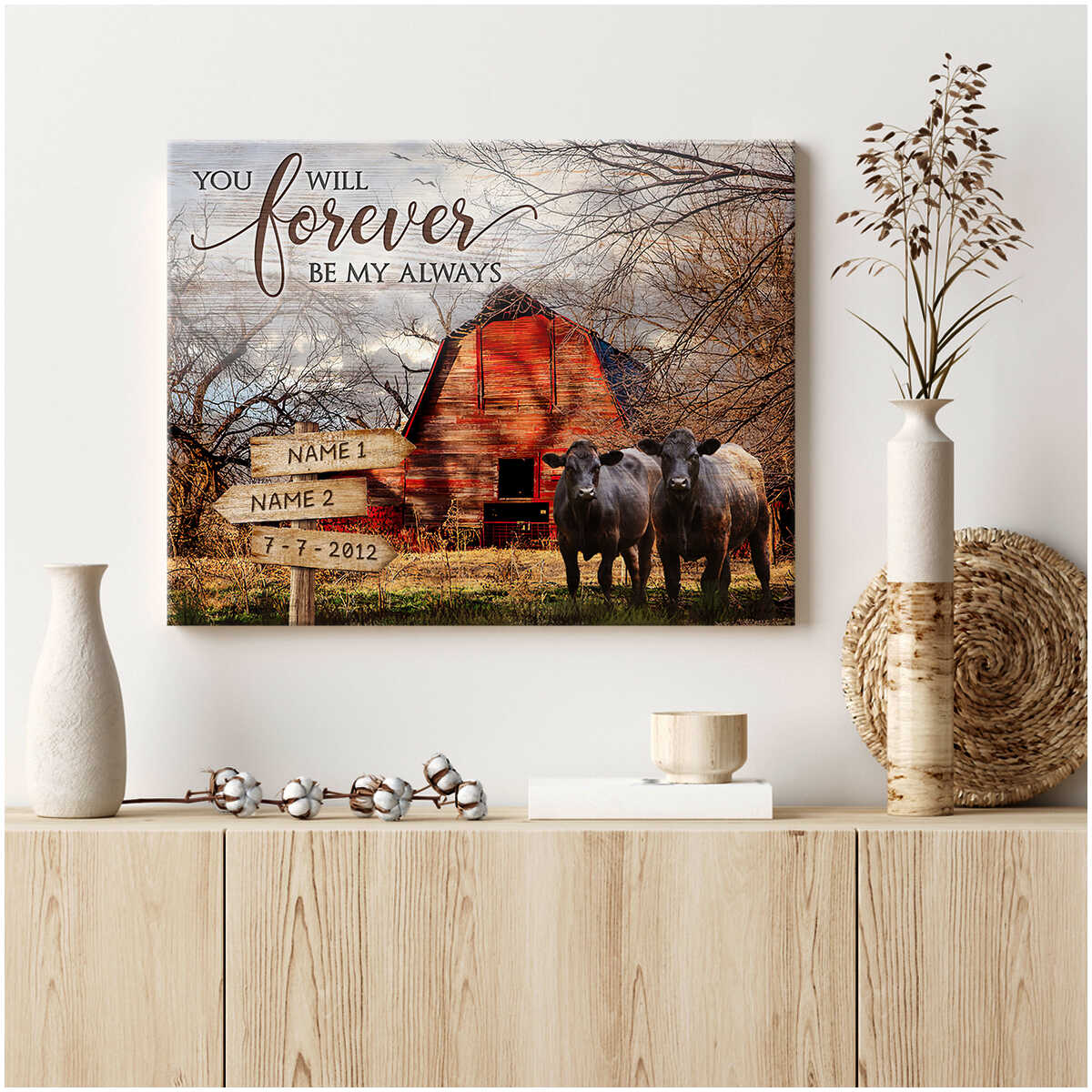 Personalized Vintage Red Barn And Couple Angus Cows You Will Forever Be My Always Custom Sign Name And Date Farmhouse Canvas Prints Wall Art Decor 1