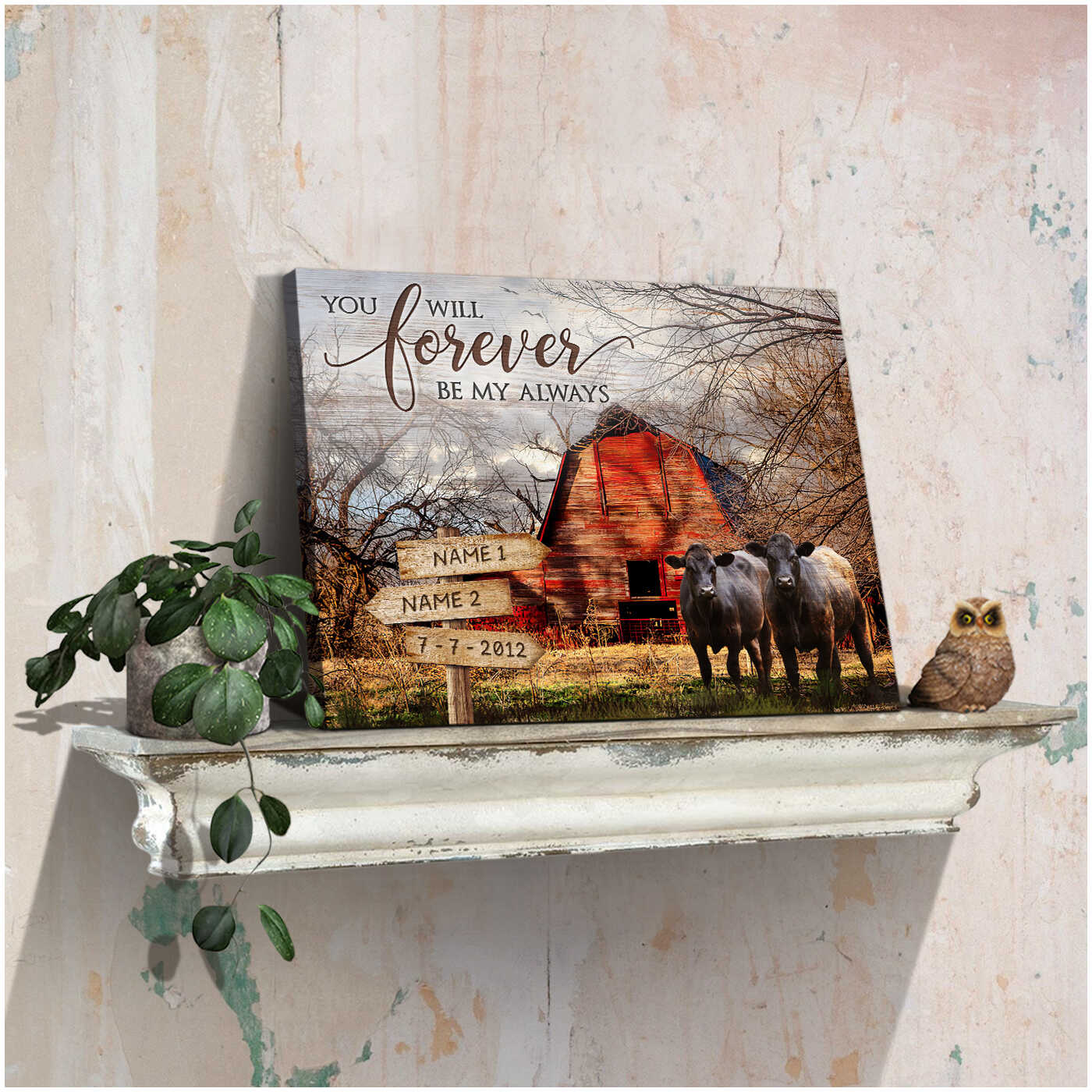 Personalized Vintage Red Barn And Couple Angus Cows You Will Forever Be My Always Custom Sign Name And Date Farmhouse Canvas Prints Wall Art Decor 2