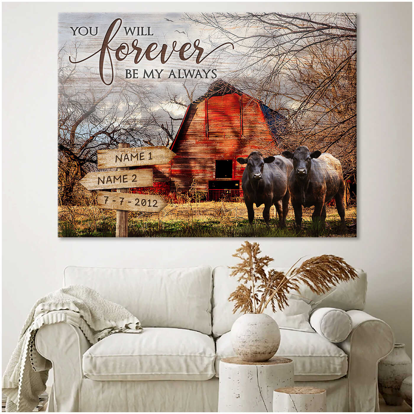 Personalized Vintage Red Barn And Couple Angus Cows You Will Forever Be My Always Custom Sign Name And Date Farmhouse Canvas Prints Wall Art Decor 3