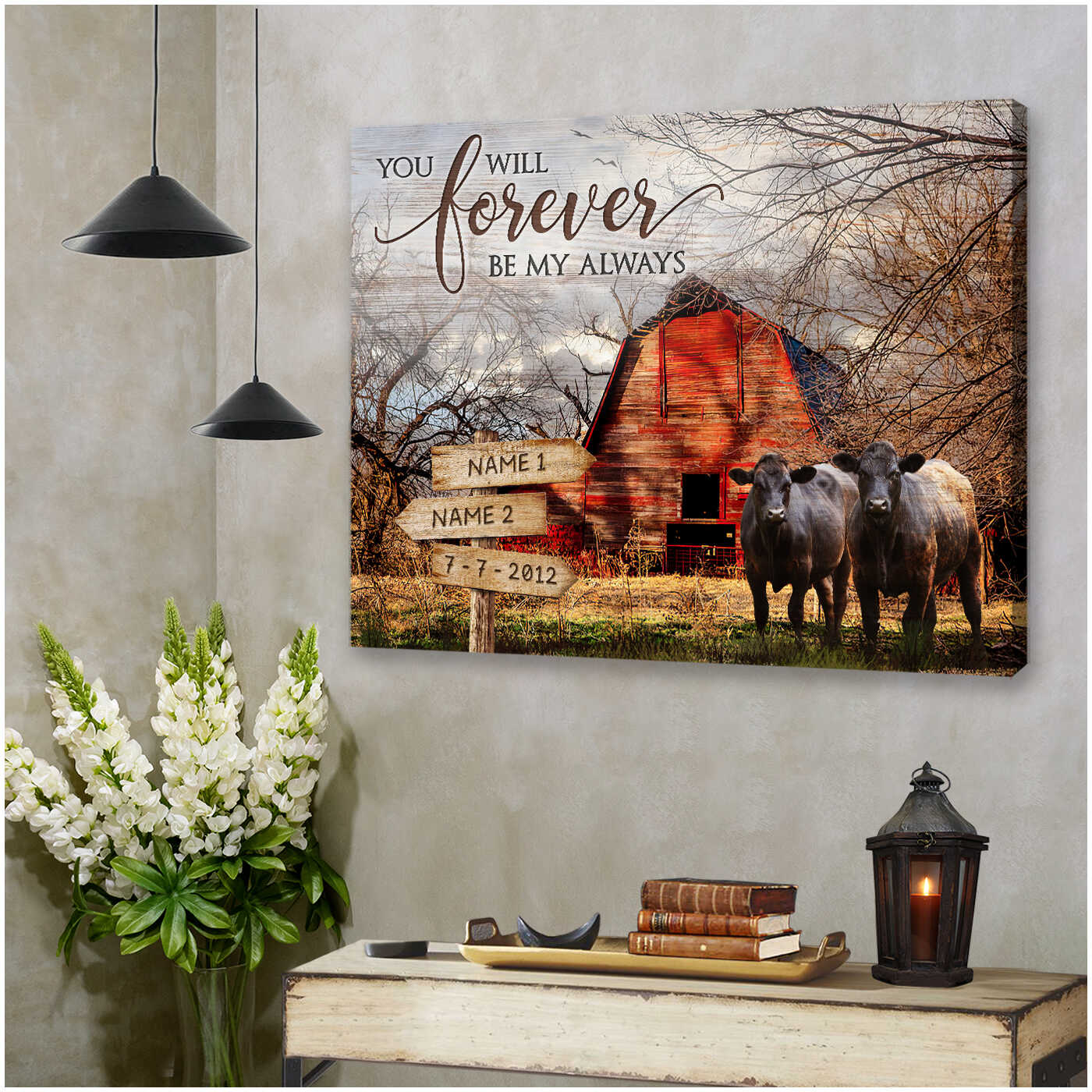Personalized Vintage Red Barn And Couple Angus Cows You Will Forever Be My Always Custom Sign Name And Date Farmhouse Canvas Prints Wall Art Decor