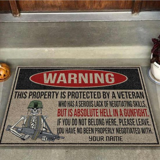 Personalized Warning Protected By Veteran Custom Name Doormat Welcome Mat