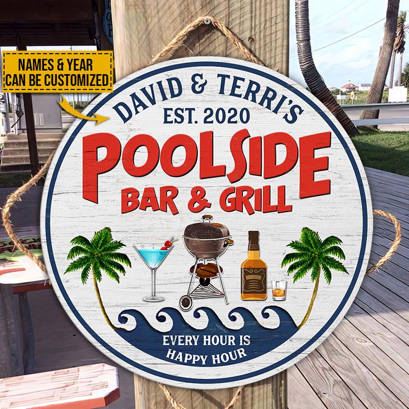 Poolside Bar & Grill Happy Hour Custom Wood Circle Sign