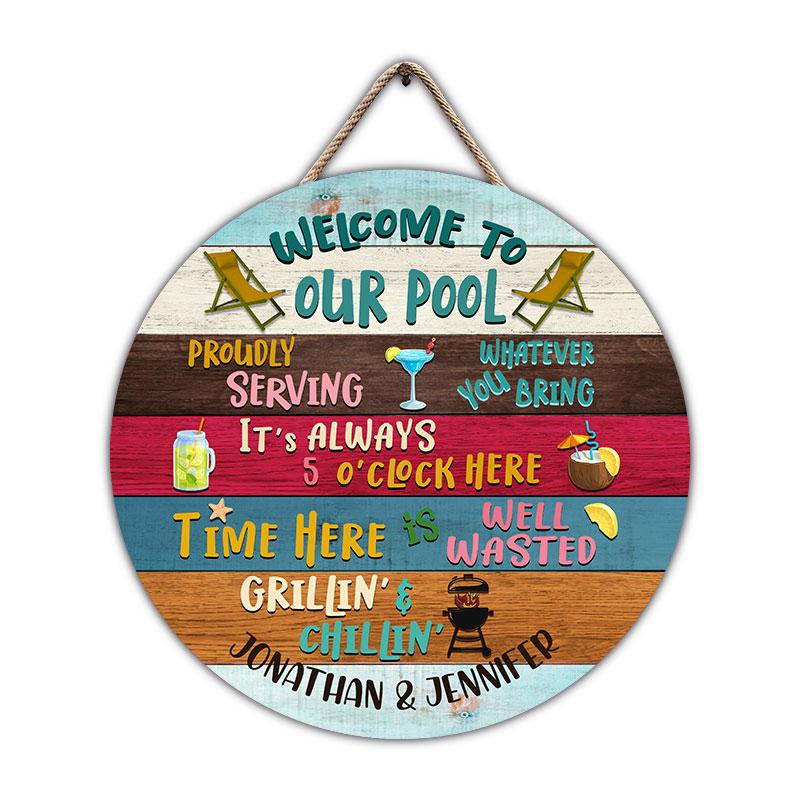 Proudly Serving Whatever Swimming Pool Decor Personalized Custom Wood Circle Sign