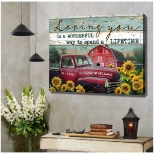 Red Barn And Truck And Sunflower Loving You Is A Wonderful Way To Spend A Lifetime Custom Name And Date Farm Farmer Farmhouse Canvas Prints Wall Art Decor