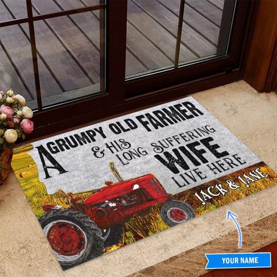 Red Tractor Old Farmer Personalized Custom Name Doormat Welcome Mat