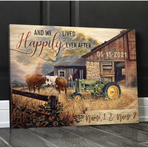 Romantic Couple Cow Kissing And Farmhouse And Tractor And We Lived Happily Ever After Custom Name And Date Farm Farmer Farmhouse Canvas Prints Wall Art Decor 1
