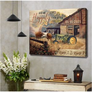 Romantic Couple Cow Kissing And Farmhouse And Tractor And We Lived Happily Ever After Custom Name And Date Farm Farmer Farmhouse Canvas Prints Wall Art Decor 3