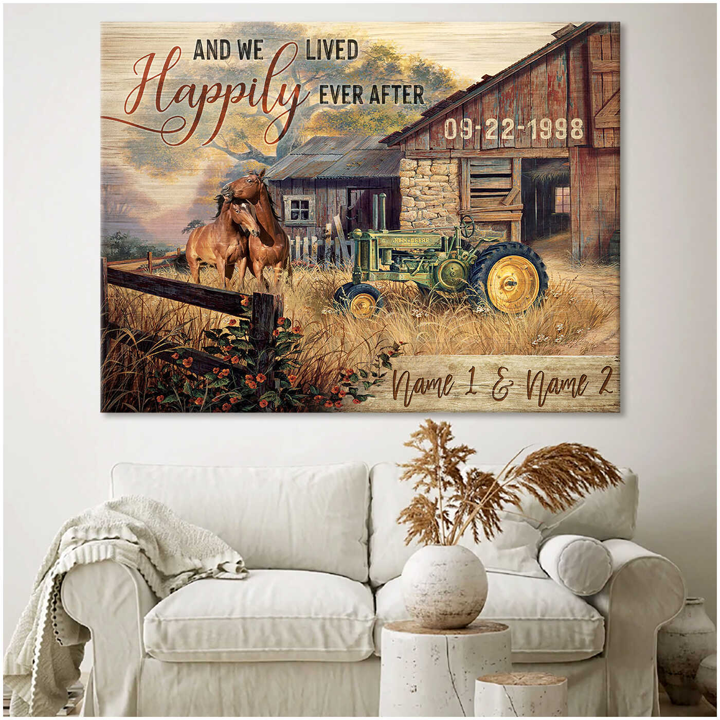 Romantic Couple Horses And Farmhouse And Tractor And We Lived Happily Ever After Custom Name And Date Farm Farmer Farmhouse Canvas Prints Wall Art Decor