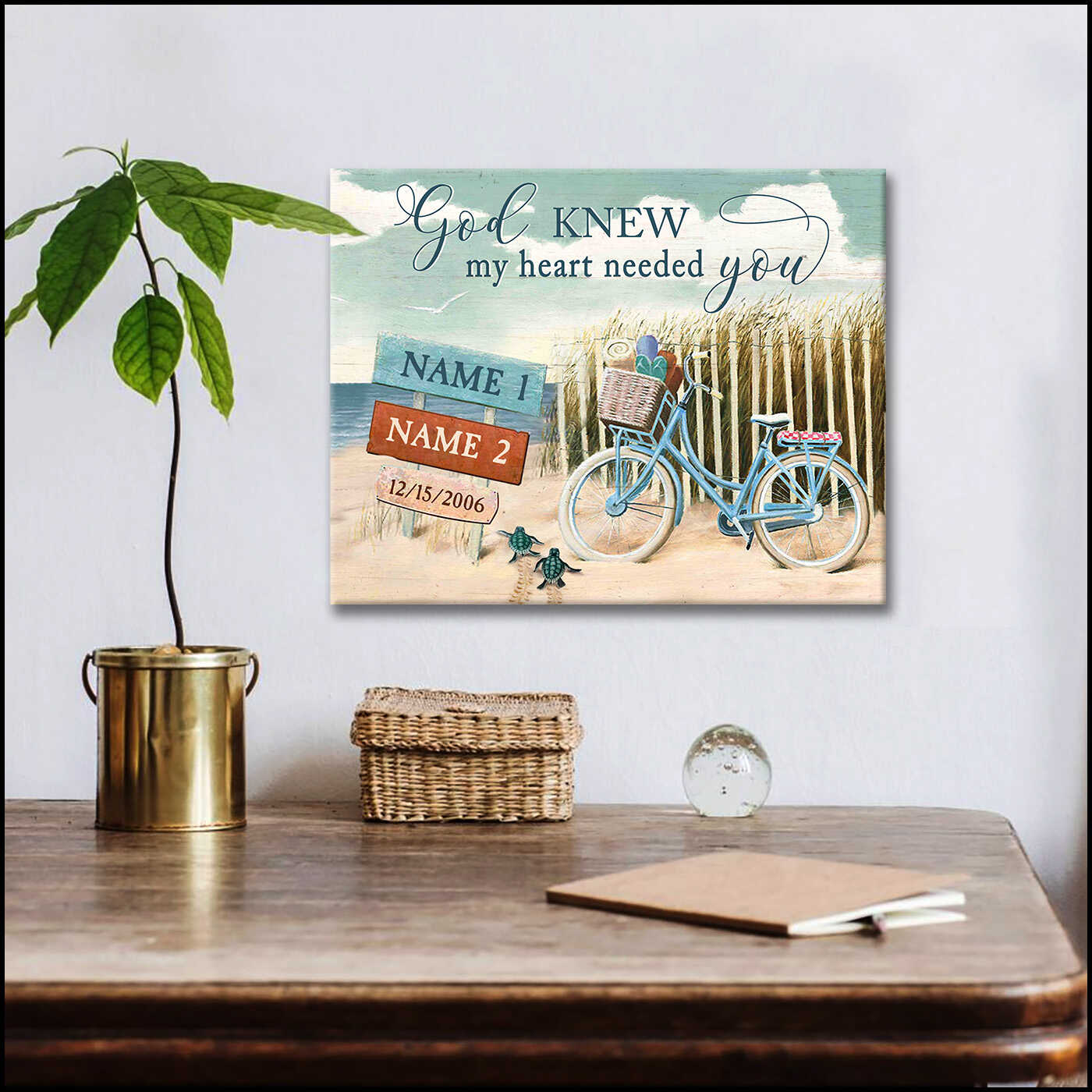 Romantic Couple Turtle And Bicycle God Knew My Heart Needed You Personalized Custom Sign Name And Date Beach House Coastal Canvas Prints Wall Art Decor