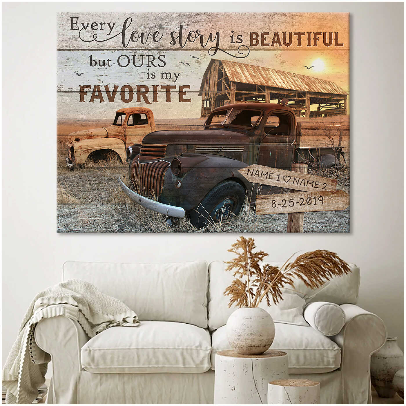 Romantic Old Barn And Couple Pick Up Truck Every Love Story Is Beautiful But Ours Is My Favorite Custom Name And Date Farmer Farmhouse Canvas Prints Wall Art Decor