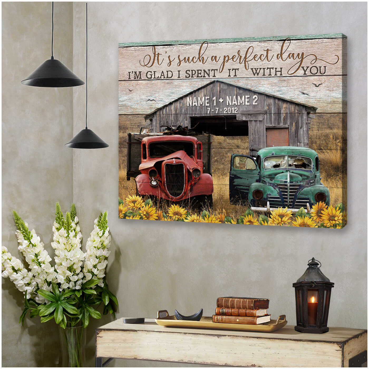Romantic Old Barn And Couple Truck It'S Such A Perfect Day I'M Glad I Spent It With You Custom Name And Date Farmer Farmhouse Canvas Prints Wall Art Decor