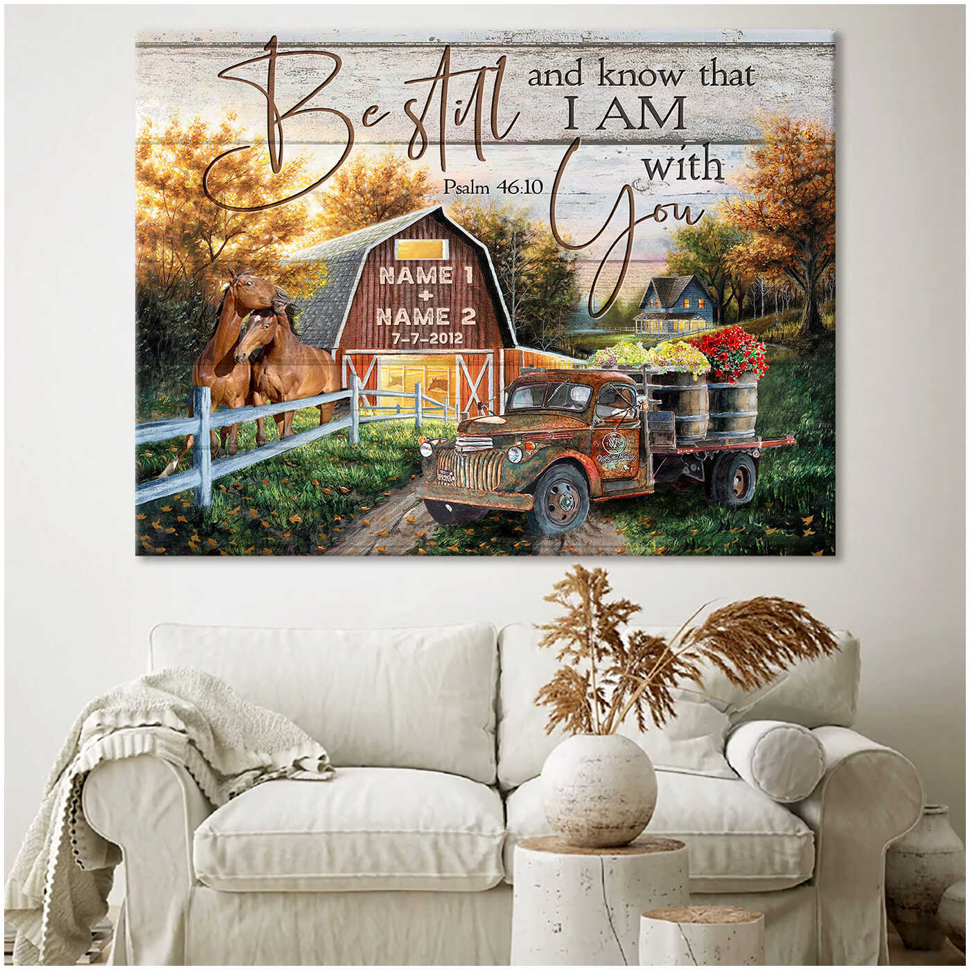 Romantic Personalized Country Living And Couple Horses And Floral Truck Be Still And Know That I Am With You Custom Name And Date Farmer Farmhouse Canvas Prints Wall Art Decor