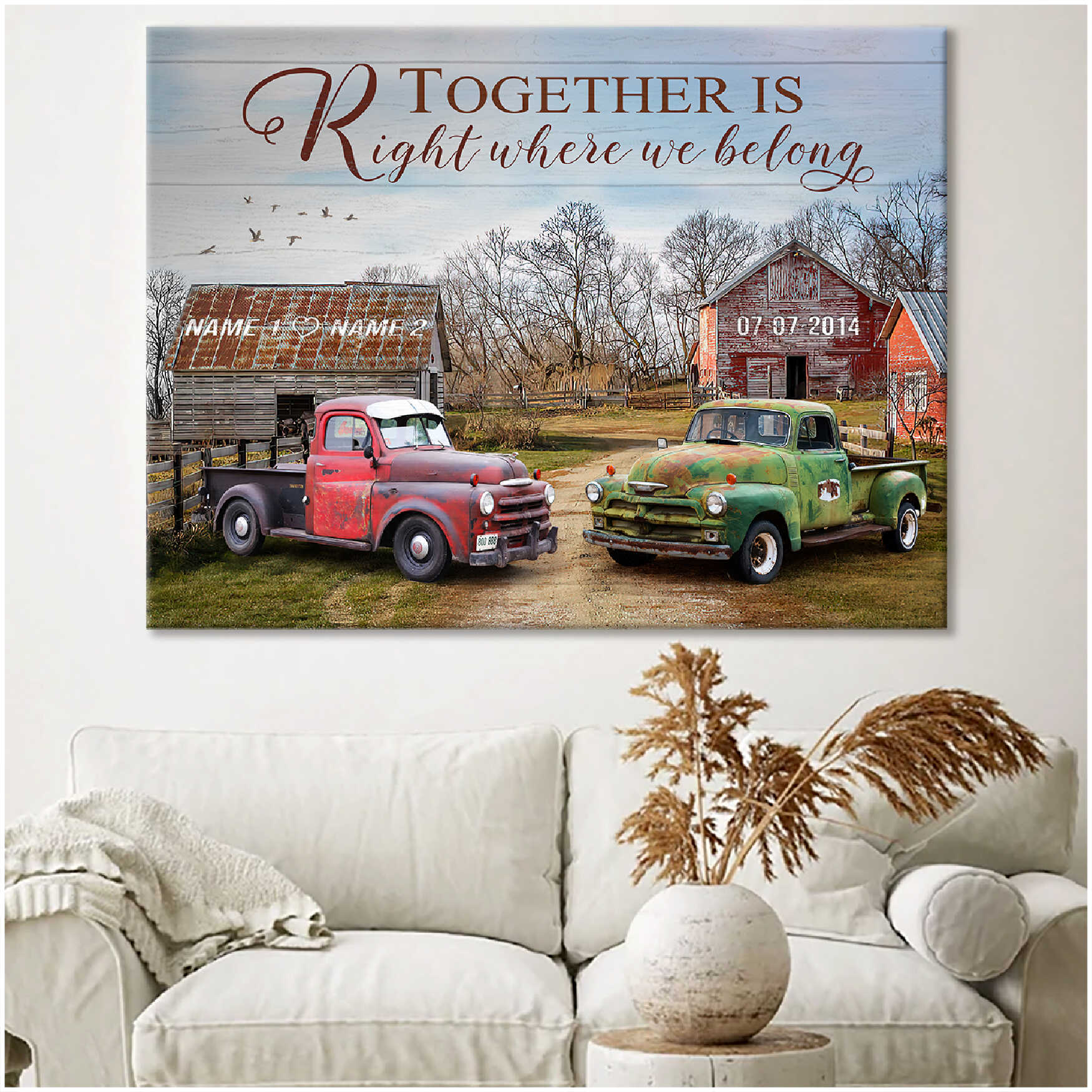 Romantic Personalized Country Living And Couple Rustic Pick Up Truck Together Is Right Where We Belong Custom Name And Date Farmhouse Canvas Prints Wall Art Decor