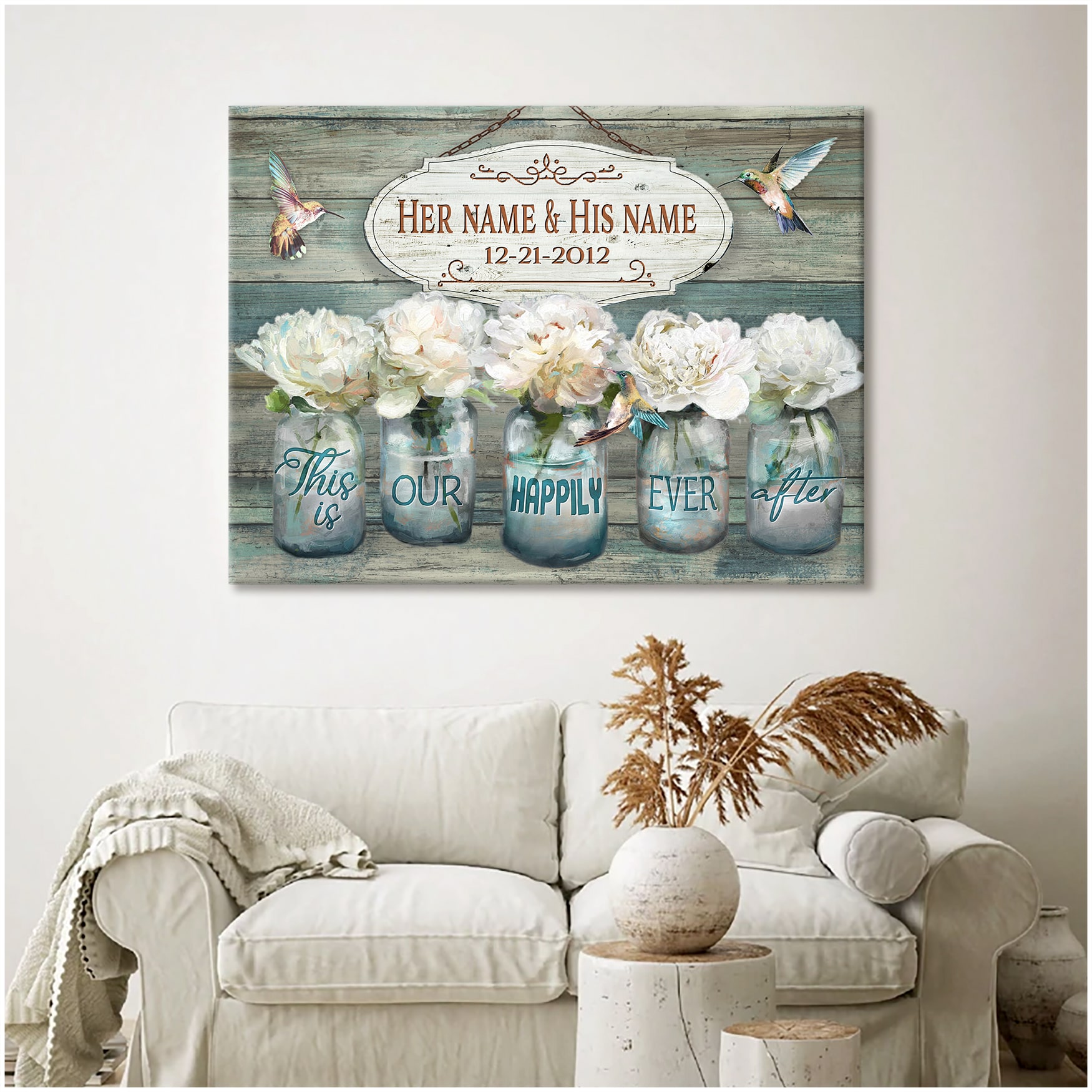 Romantic Personalized Custom Name And Date Farmhouse Floral Mason Jars And Hummingbirds This Is Our Happily Ever After Farmer Canvas Prints Wall Art Decor
