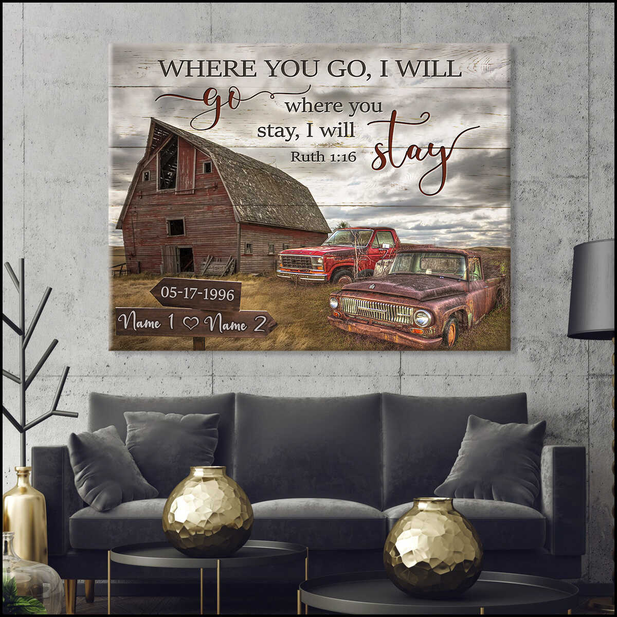Romantic Personalized Old Barn And Couple Rustic Pick Up Truck Where You Go I Will Go Where You Stay I Will Stay Custom Name And Date Farmhouse Canvas Prints Wall Art Decor