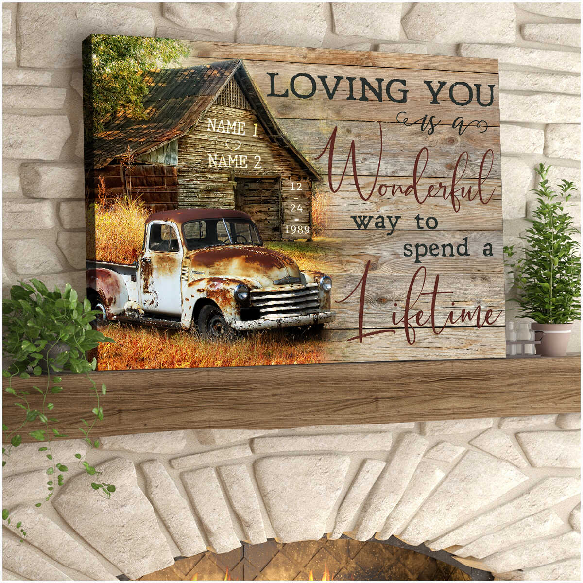 Romantic Personalized Old Barn And Rustic Truck Loving You Is A Wonderful Way To Spend A Lifetime Custom Name And Date Farmhouse Canvas Prints Wall Art Decor
