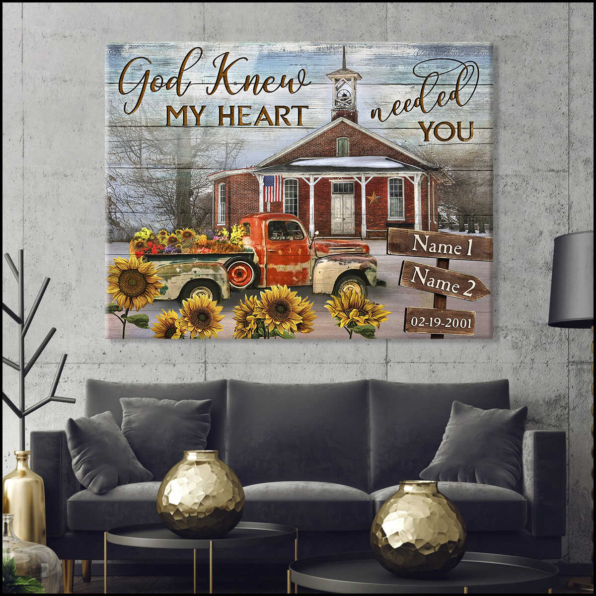 Romantic Personalized Vintage Church And Floral Truck God Knew My Heart Needed You Custom Sign Name And Date Farmer Farmhouse Canvas Prints Wall Art Decor