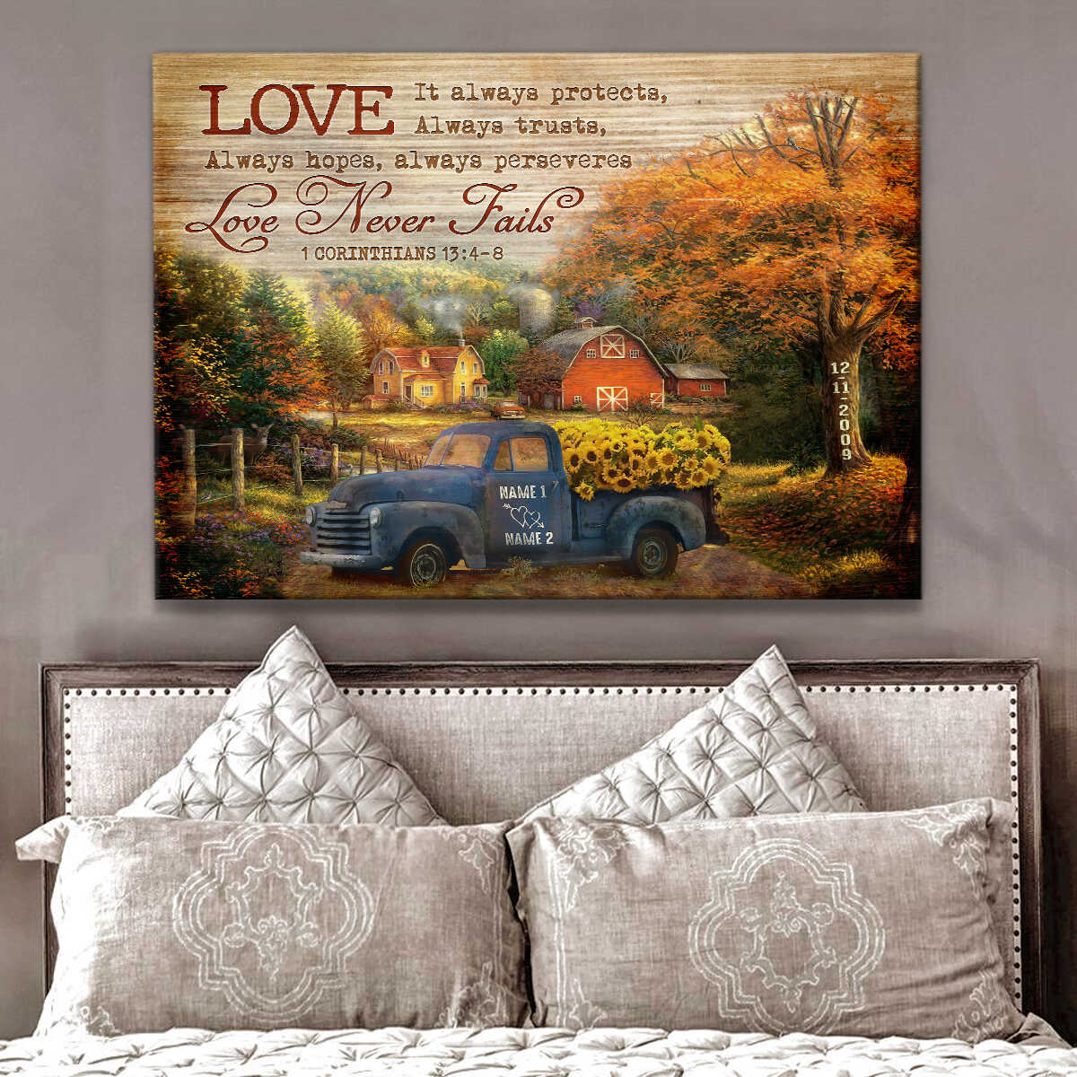 Romantic Personalized Vintage Farm And Sunflowers Truck Always Hope Always Perseveres Love Never Fails Custom Name And Date Farmer Farmhouse Canvas Prints Wall Art Decor