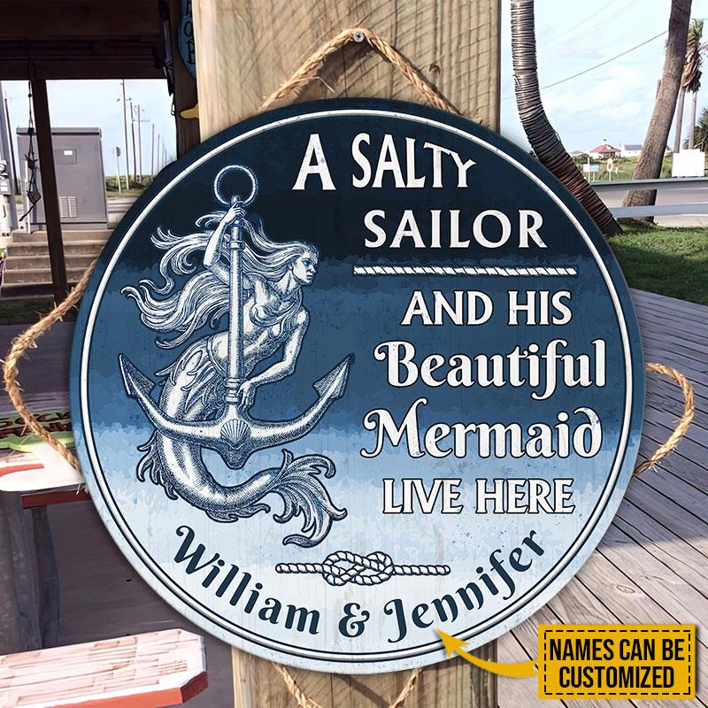 Sailor And His Beautiful Mermaid Custom Wood Circle Sign