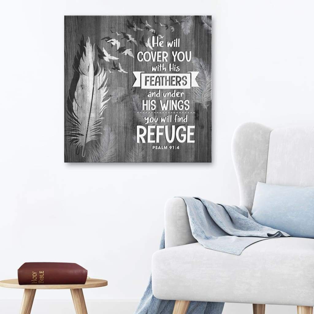 Scripture Wall Art: He Will Cover You With His Feathers Psalm 91:4 Canvas Print