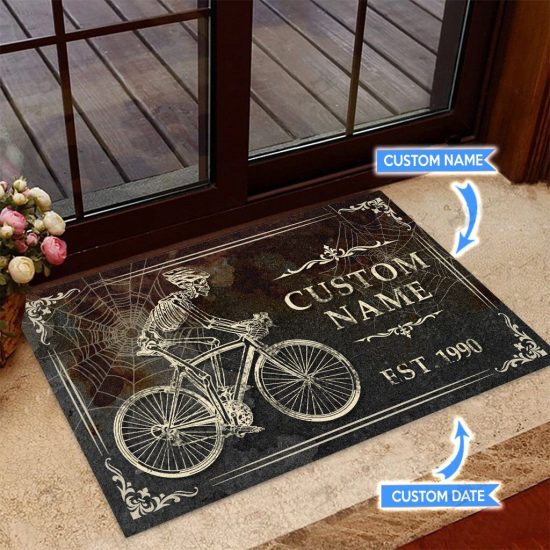 Skeleton Cycling Personalized Custom Name Doormat Welcome Mat