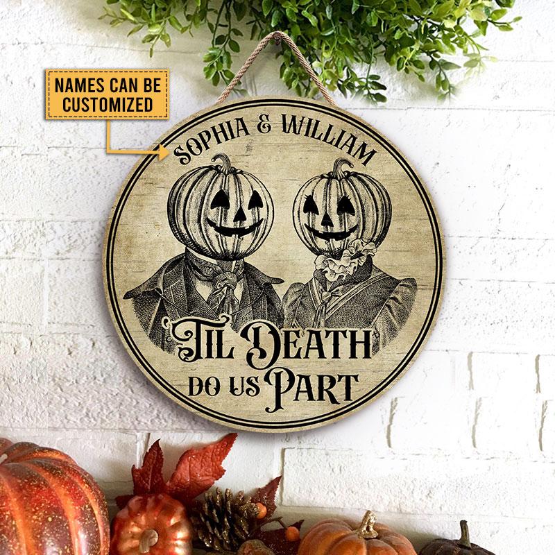 Skeleton Skull Pumpkin Couple Do Us Part Custom Wood Circle Sign