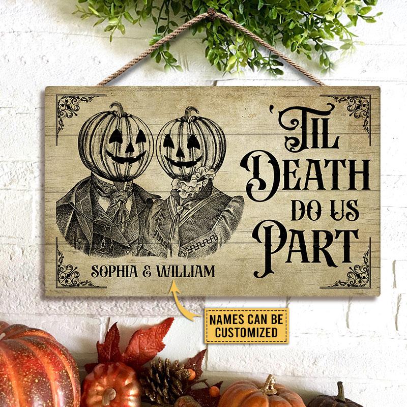 Skeleton Skull Pumpkin Couple Do Us Part Custom Wood Rectangle Sign