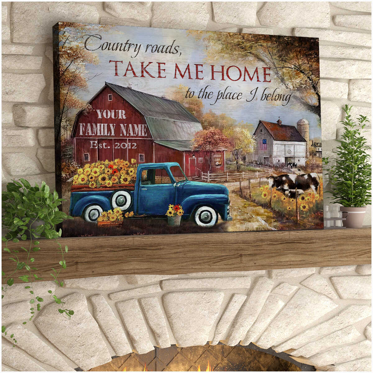Sunflower Pickup Truck And Beautiful Country Scene Country Roads Take Me Home Custom Personalized Canvas Prints Wall Art Decor