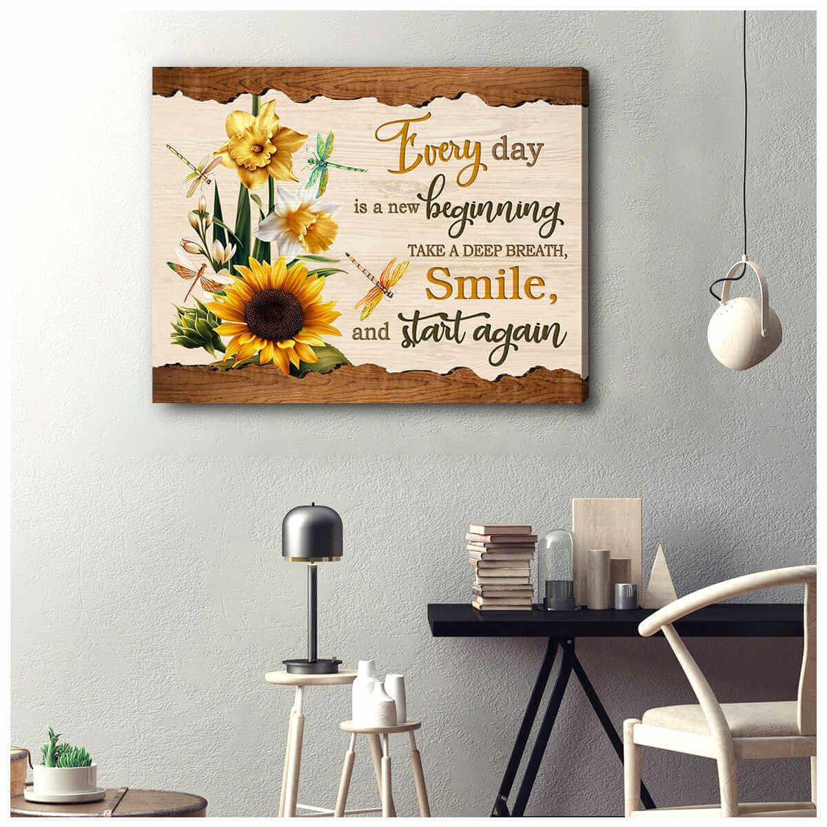 Sunflowers And Dragonfly Canvas Everyday Is A New Beginning Take A Deep Breath Smile And Start Again Wall Art Decor