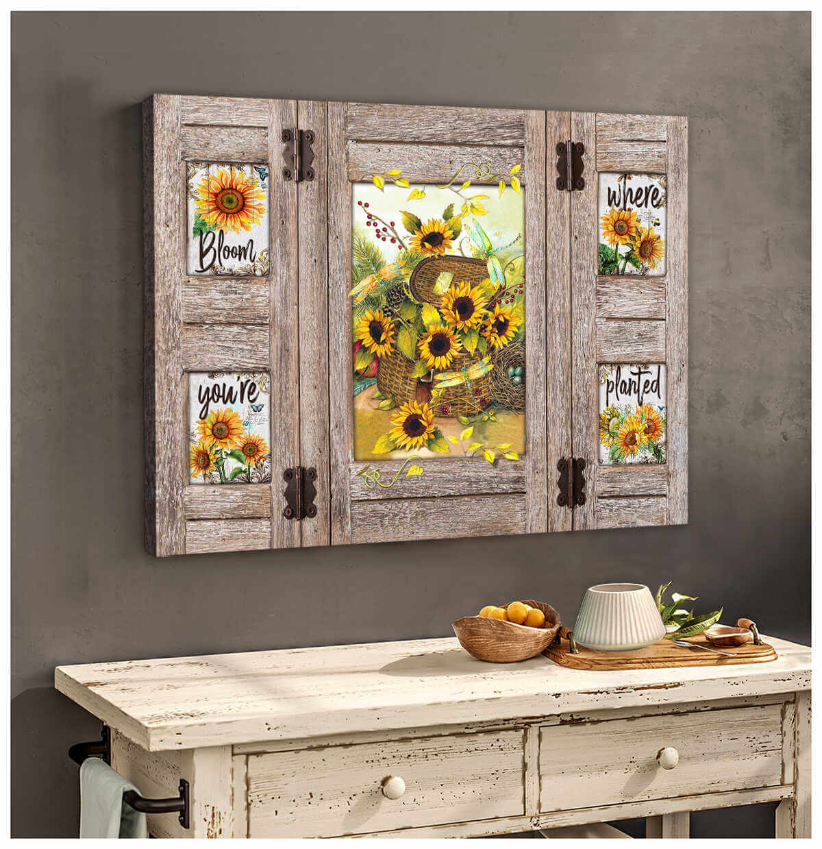 Sunflowers And Dragonfly Window Canvas Bloom Where You'Re Planted Wall ...