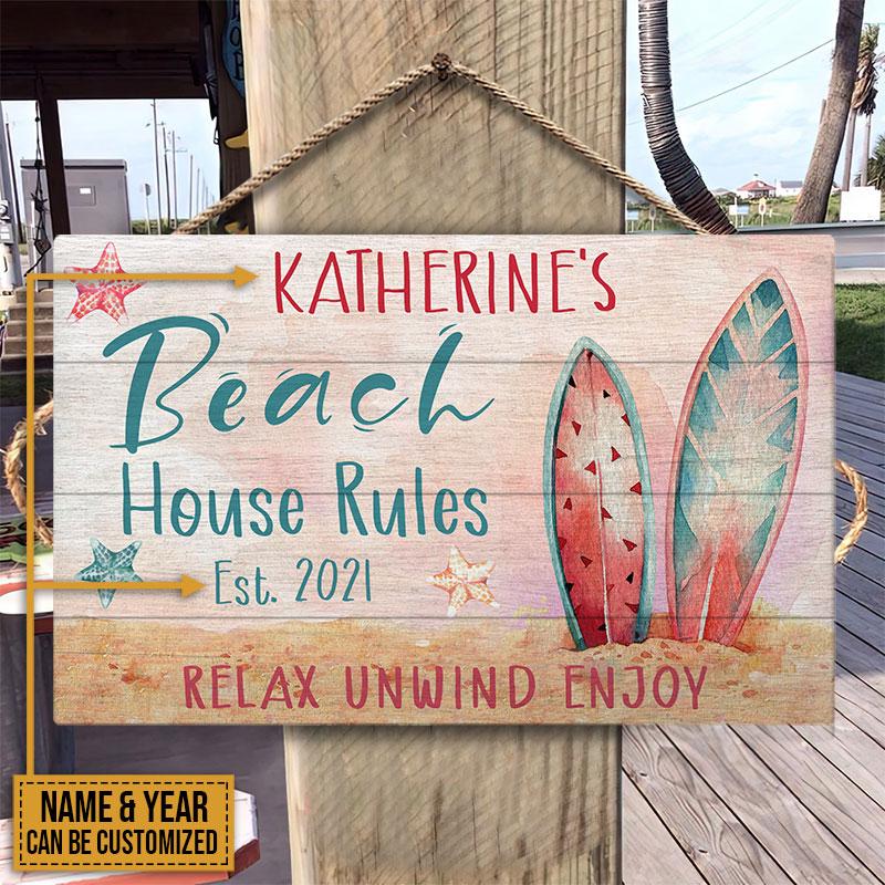Surfing Beach House Rules Custom Wood Rectangle Sign