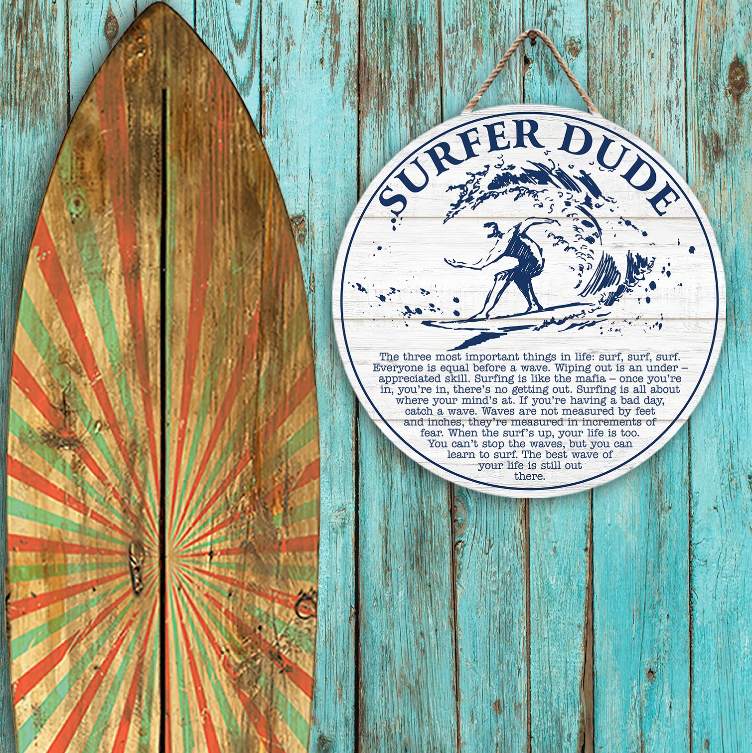 Surfing Surf Dude Customized Wood Circle Sign