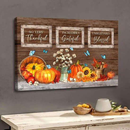 Thankful Grateful Blessed Pumpkin Thanksgiving Wall Art Canvas