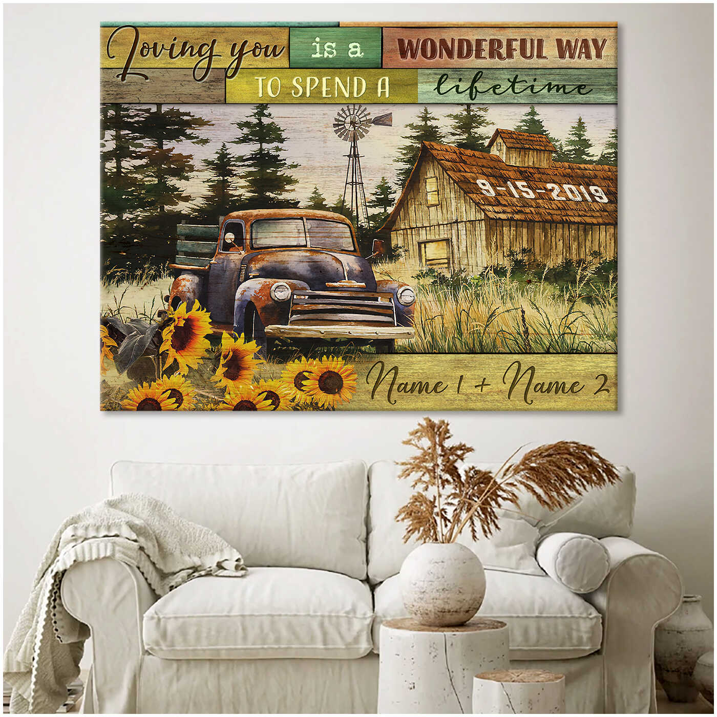 Vintage Barn And Truck And Sunflowers Loving You Is A Wonderful Way To Spend A Lifetime Custom Name And Date Farm Farmer Farmhouse Canvas Prints Wall Art Decor