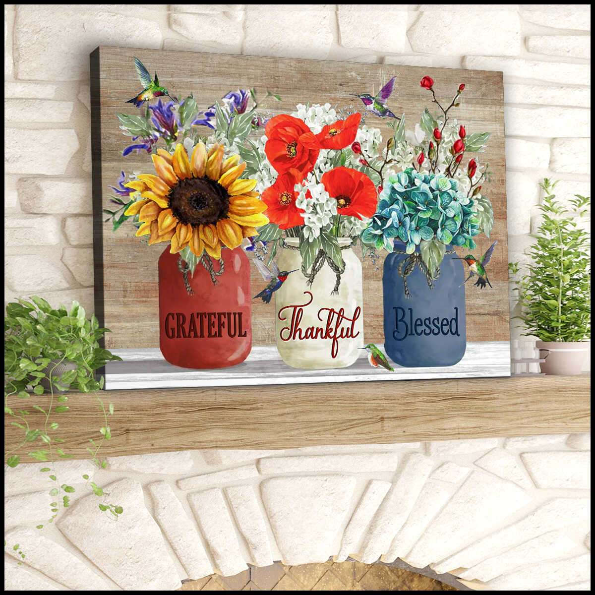 Vintage Rustic Wood Grateful Thankful Blessed Flower Mason Jars And ...