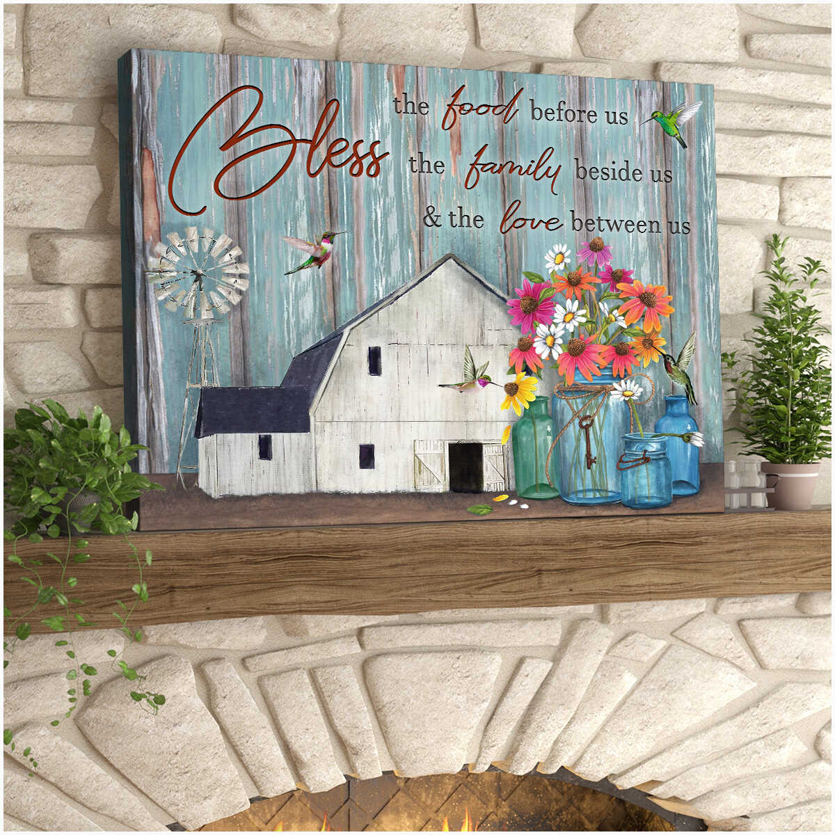White Barn Bless The Food Before Us The Family Beside Us And The Love Between Us Floral Mason Jars And Hummingbirds Farm Farmhouse Canvas Prints Wall Art Decor