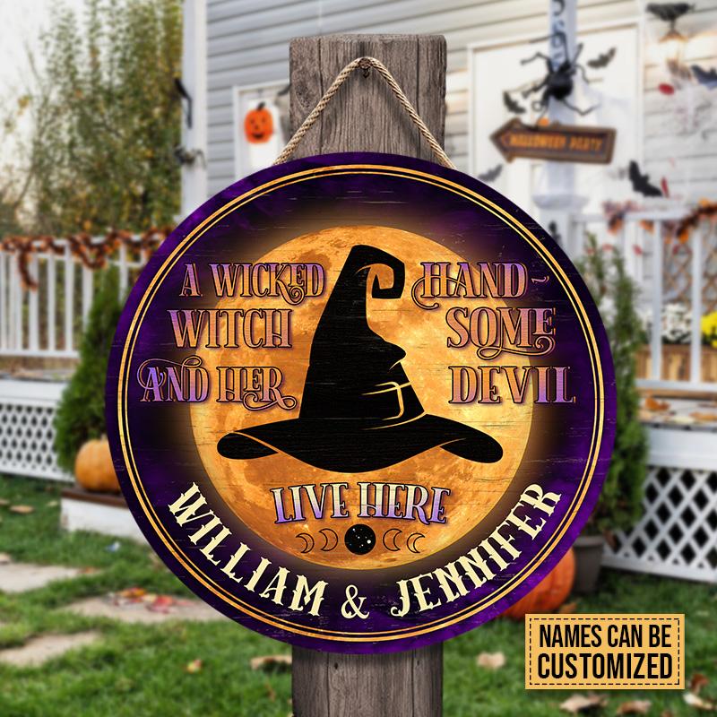Witch Couple A Wicked Witch Live Here Custom Wood Circle Sign