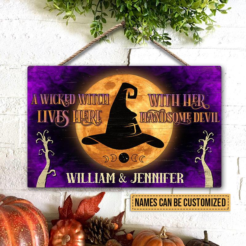 Witch Couple A Wicked Witch Live Here Custom Wood Rectangle Sign