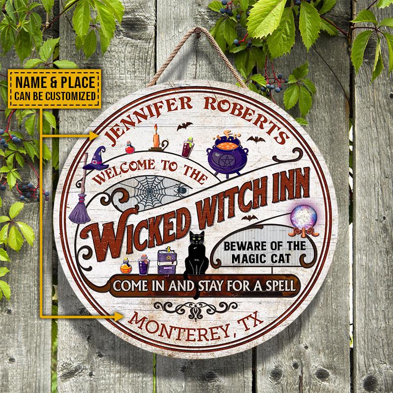 Witch Inn Black Cat Stay For A Spell Custom Wood Circle Sign