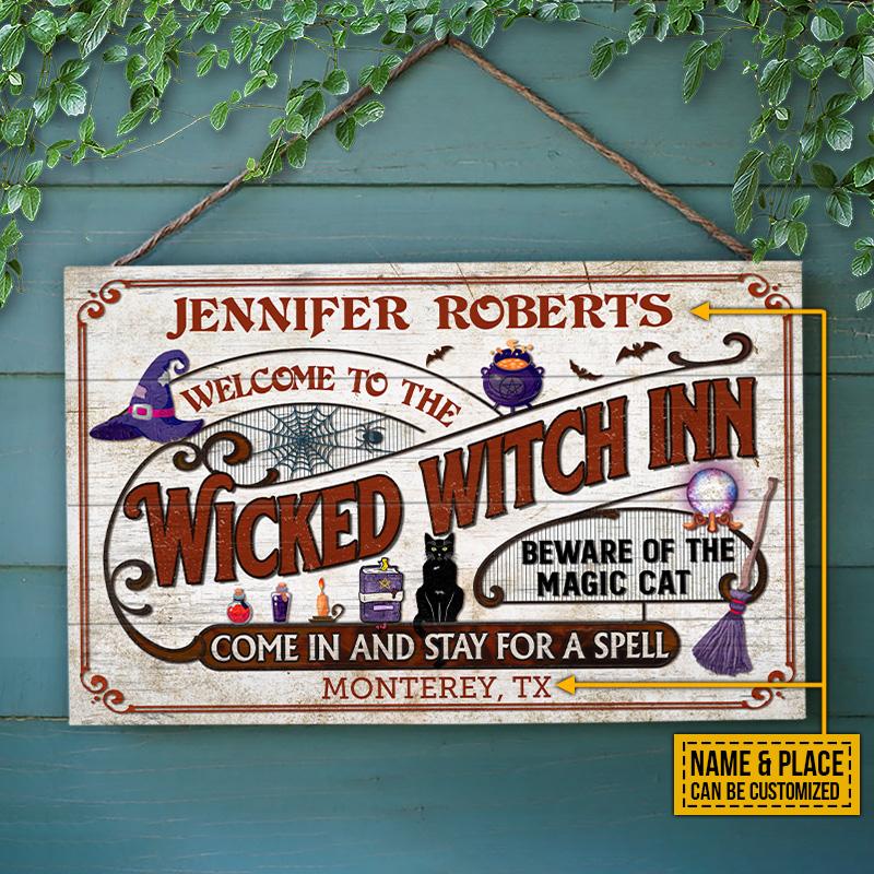 Witch Inn Black Cat Stay For A Spell Custom Wood Rectangle Sign