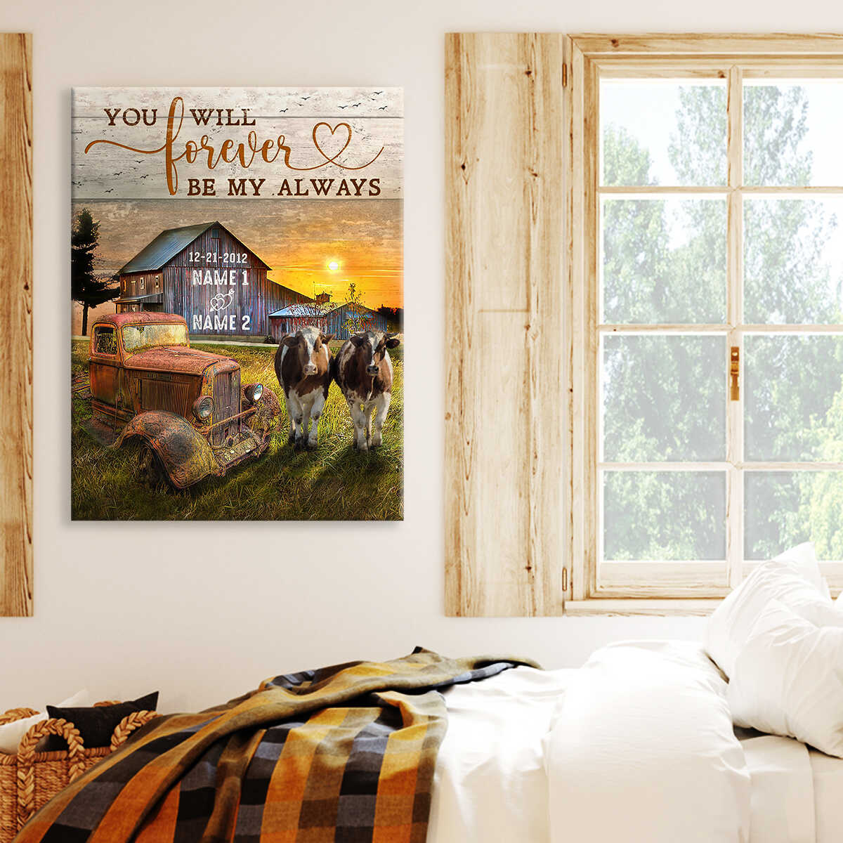 You Will Forever Be My Always Hereford Cow Couple And Truck Barn Custom Name And Date Personalized Custom Canvas Prints Wall Art Decor