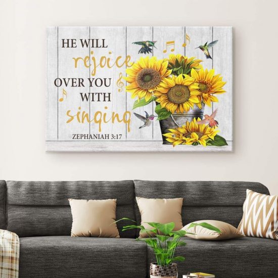 Zephaniah 317 He Will Rejoice Over You With Singing Bible Verse Wall Art Canvas 1