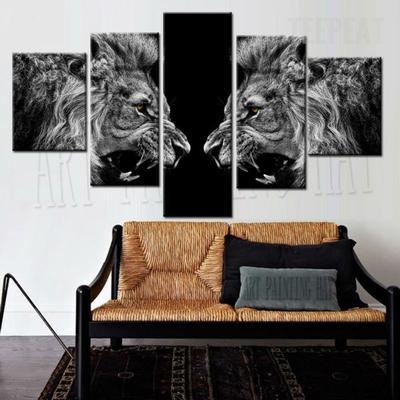 A Roaring Lions Black And White Painting - Abstract 5 Panel Canvas Art Wall Decor a roaring lions black and white painting abstract 5 panel canvas art wall decor 6199