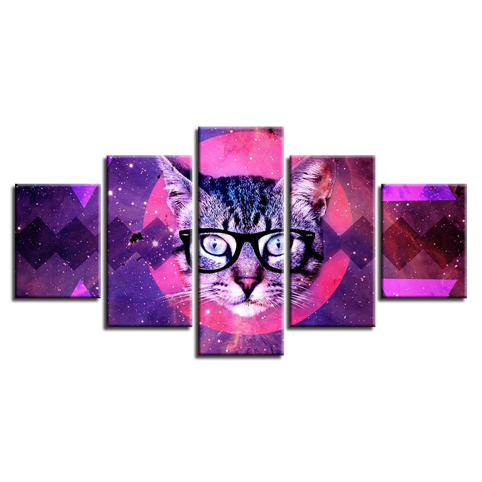 abstract red moon animal cat with glasses animal 5 panel canvas art wall decor 1555