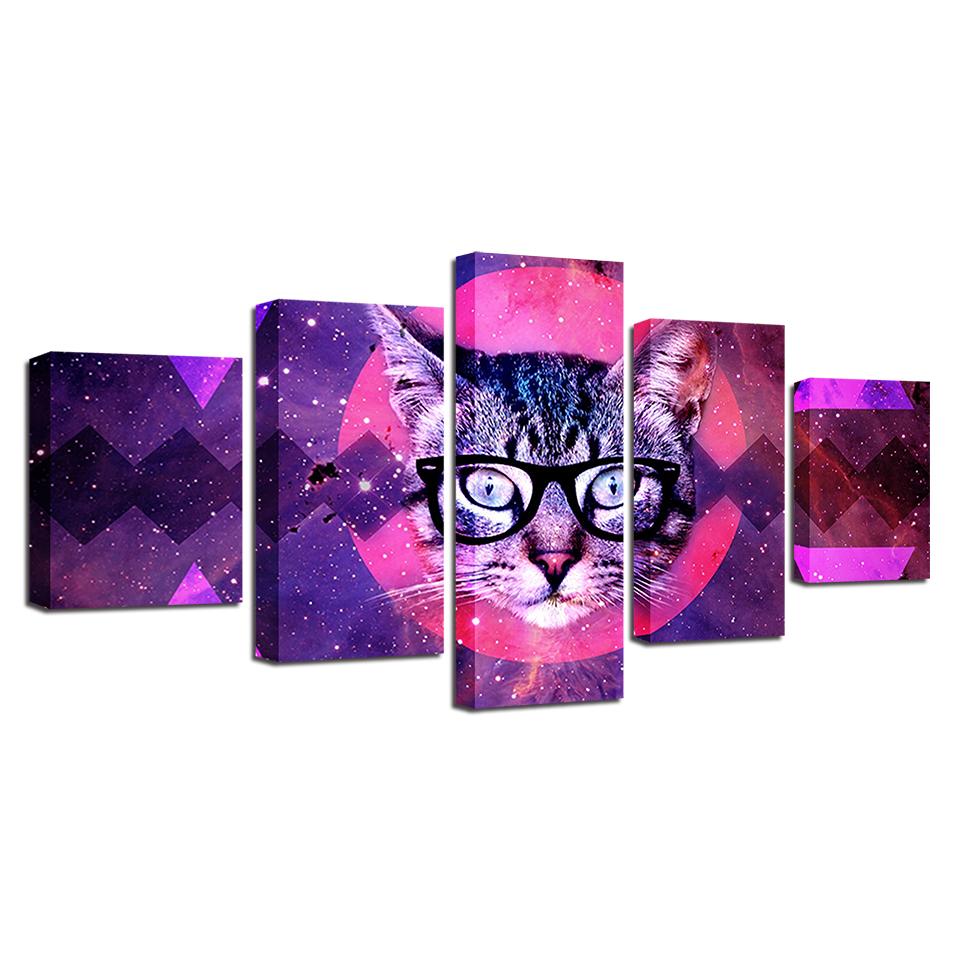 abstract red moon animal cat with glasses animal 5 panel canvas art wall decor 2074