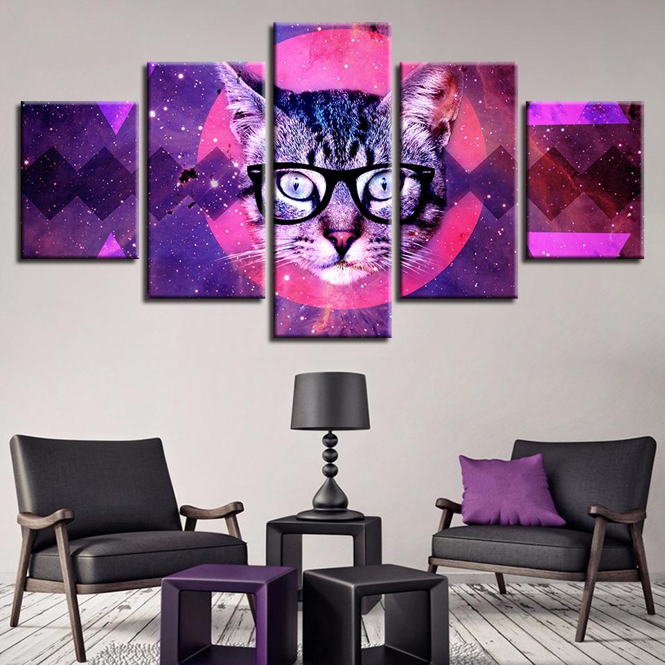 abstract red moon animal cat with glasses animal 5 panel canvas art wall decor 8779